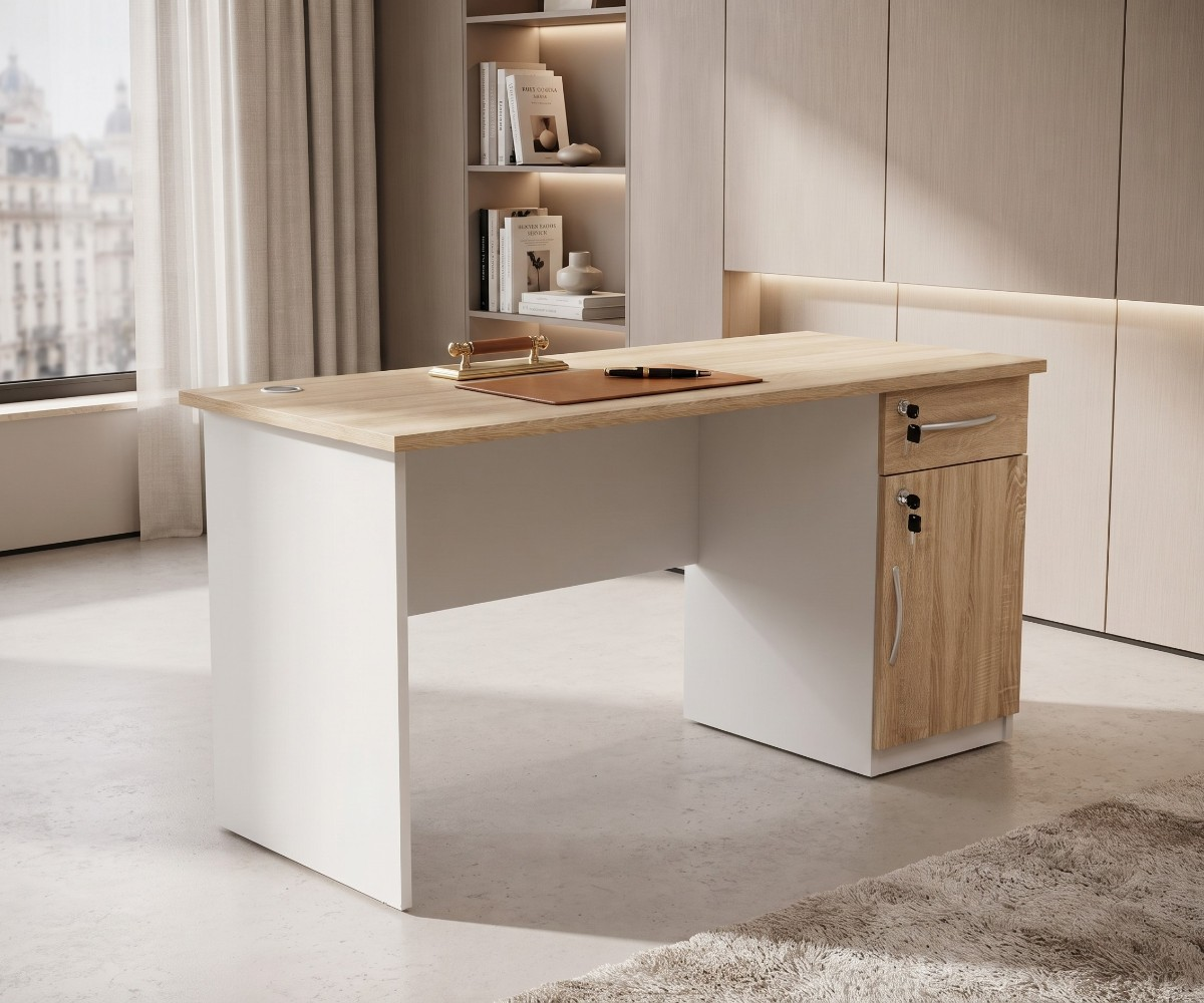 Modern wood and white office desk with lockable drawer, cabinet and cable management