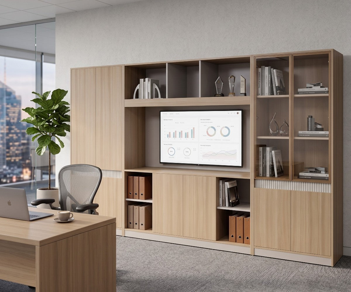 Modular three-piece wall storage unit in light oak with shelves and cabinets