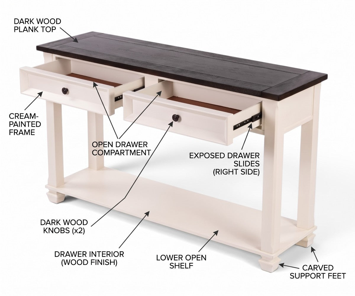 Farmhouse console table with dark wood top, cream frame and two open drawers