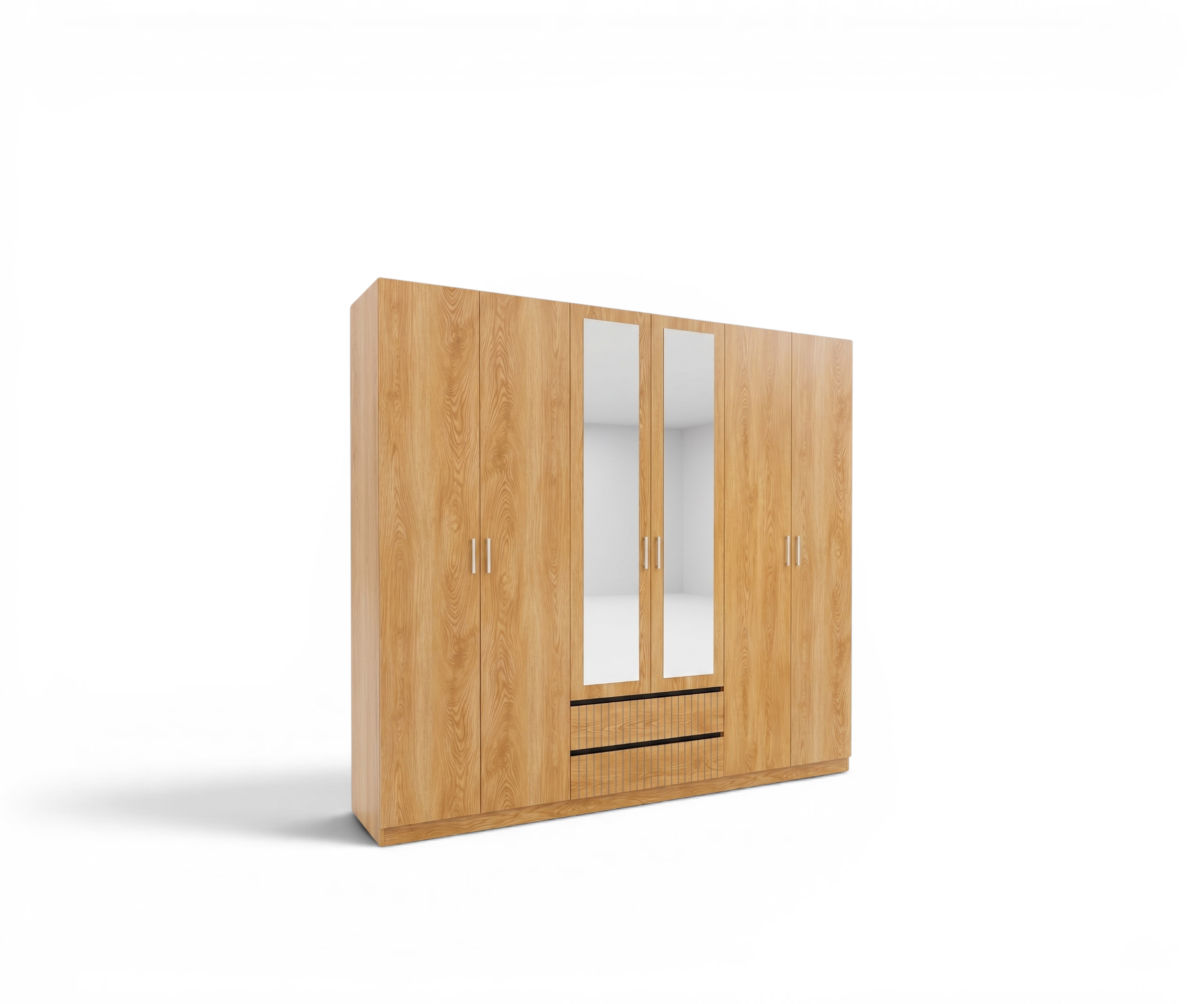 Oak bedroom set showing bed, two nightstands, wardrobe and dresser with mirror