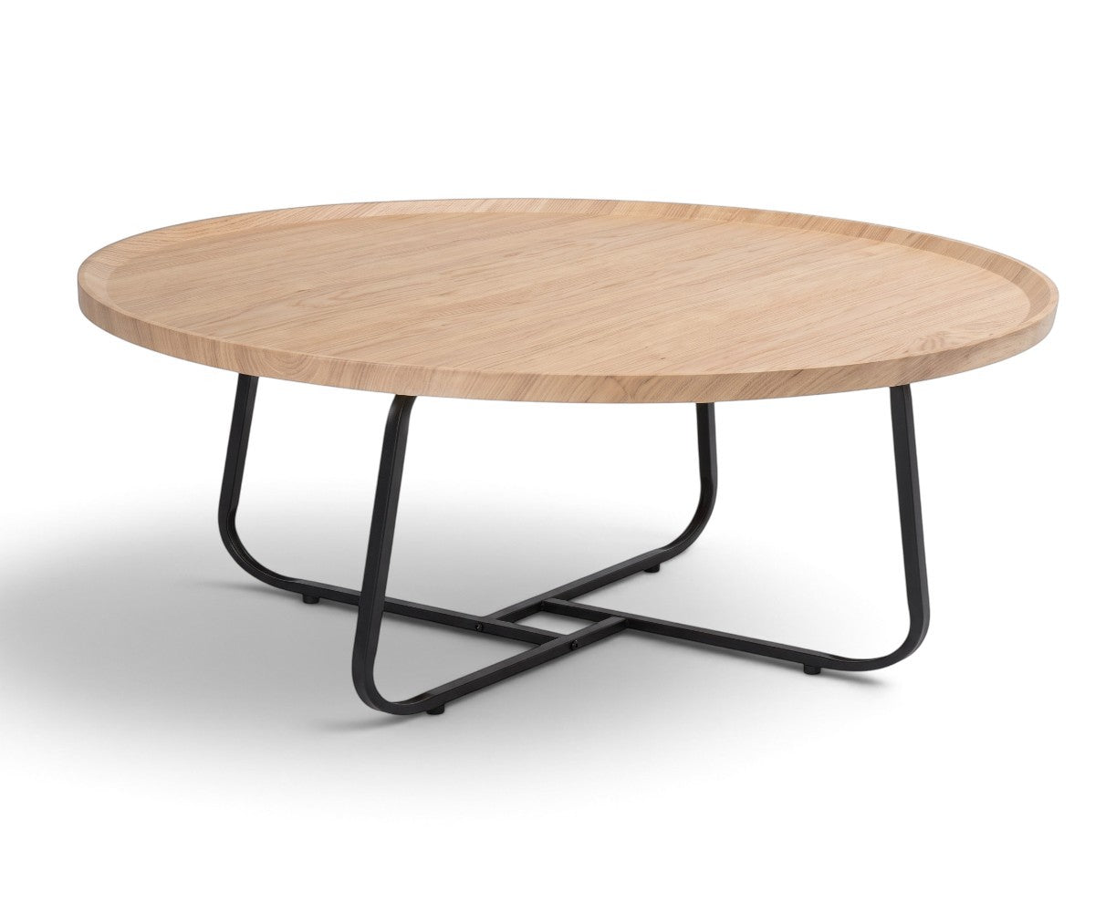 Light wood-look coffee table with a raised tabletop rim and black open-frame base.