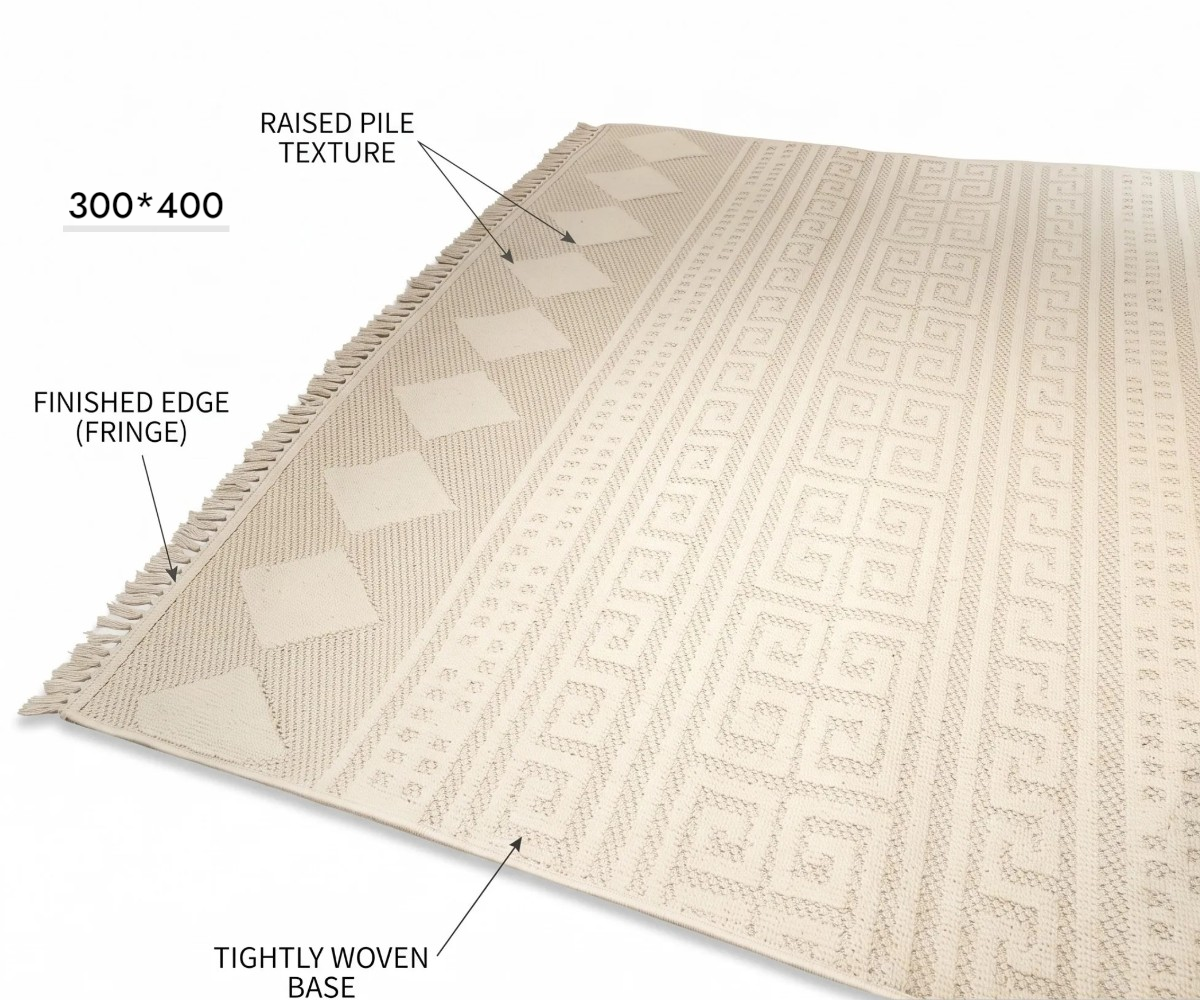 Cream geometric tassel carpet 300 × 400 with textured diamond pattern