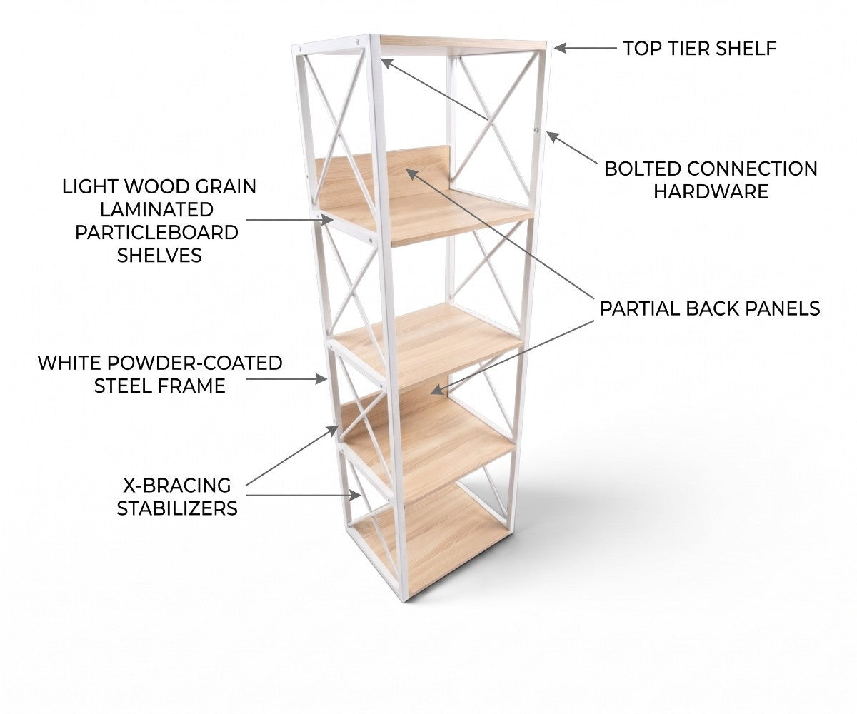 Four-tier bookshelf with white powder-coated steel frame and light oak shelves