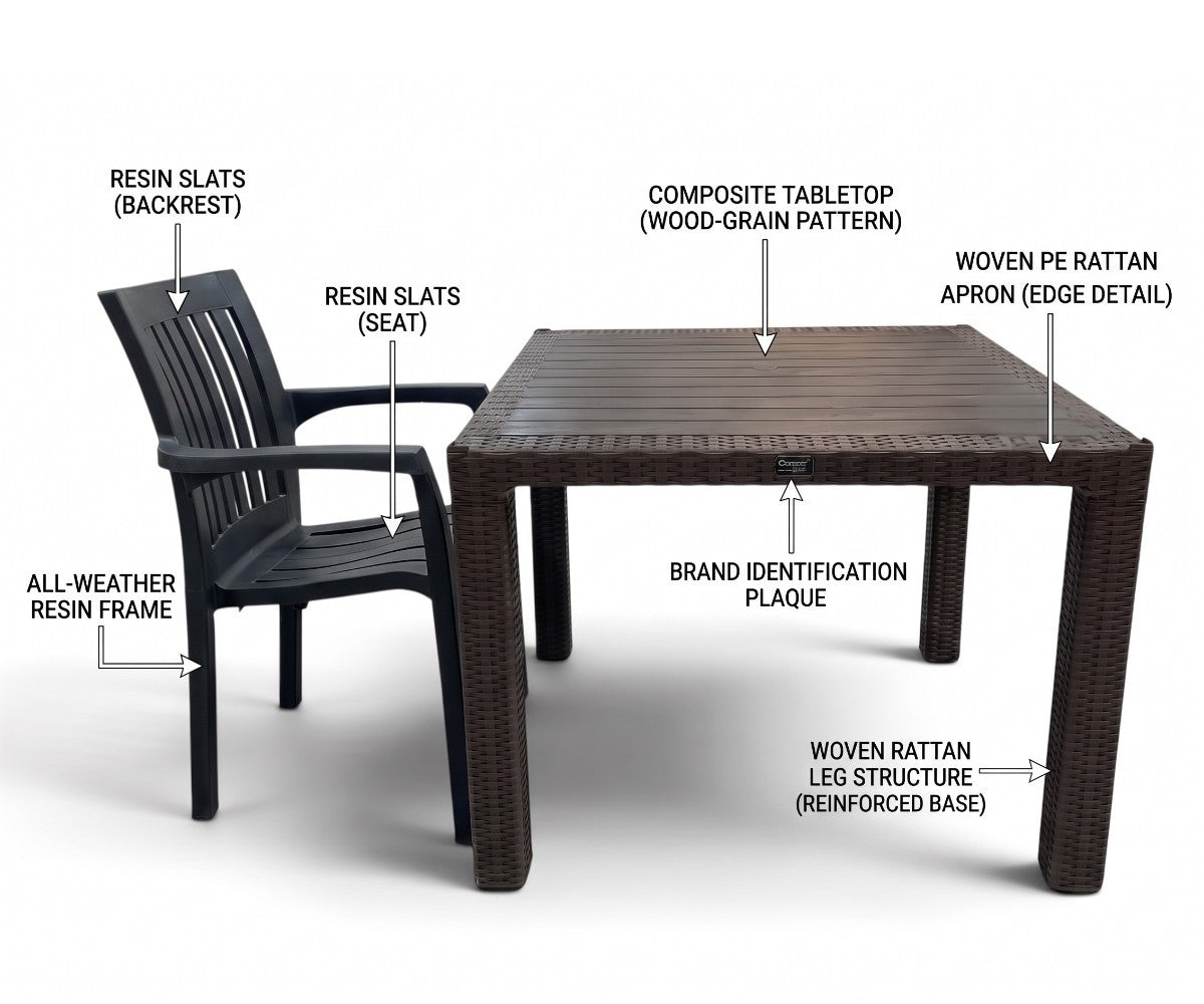 PE rattan outdoor dining table with wood-grain top and charcoal resin chair
