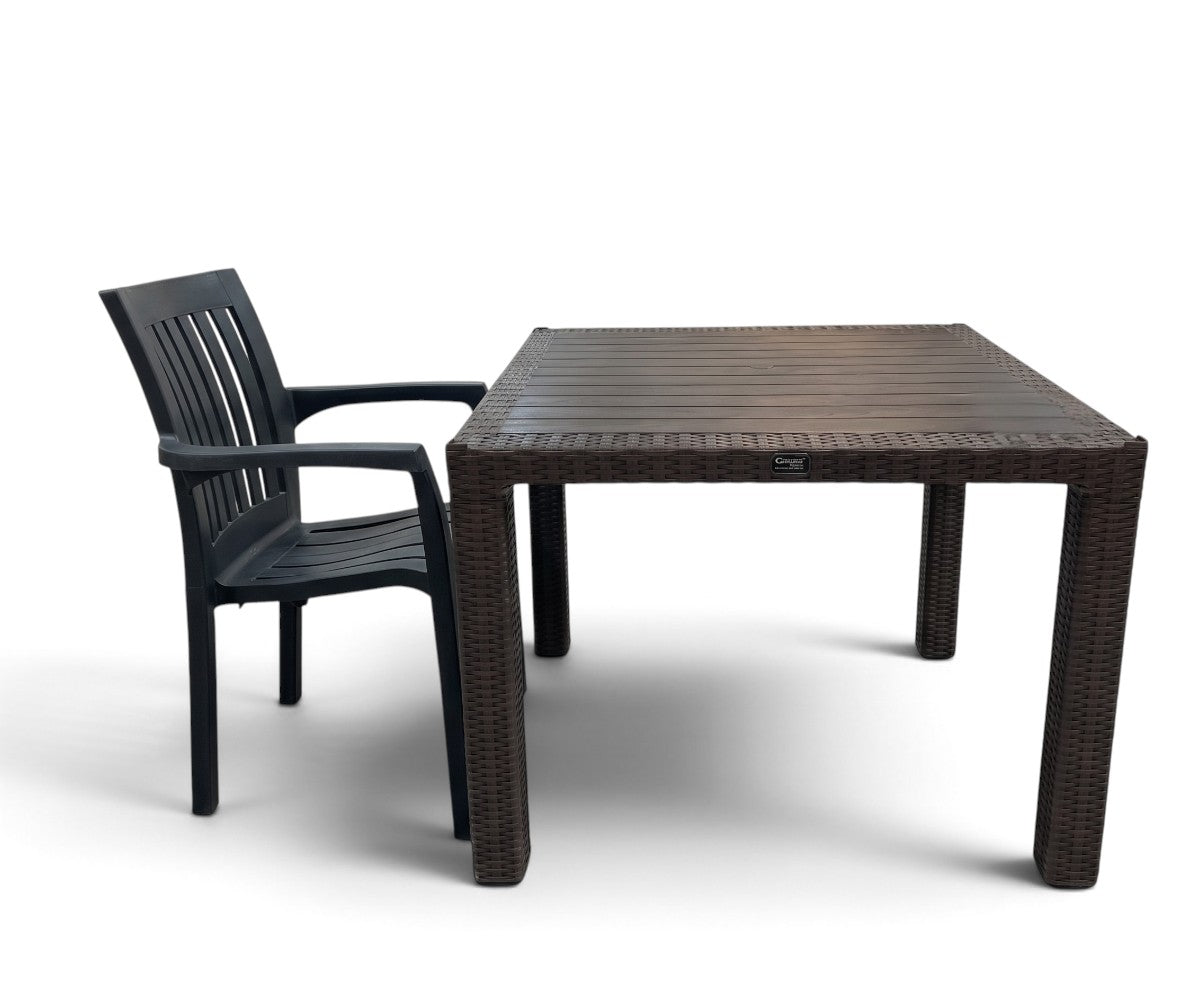 PE rattan outdoor dining table with wood-grain top and charcoal resin chair