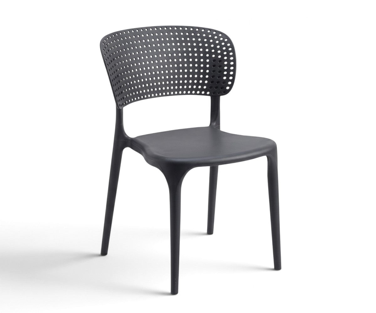 Perforated monobloc dining chair in dark grey with contoured seat