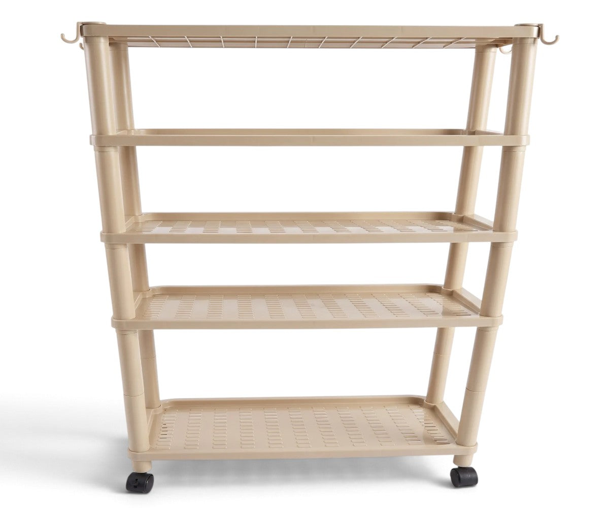 Light beige plastic shoe organizer with five storage tiers and side hooks