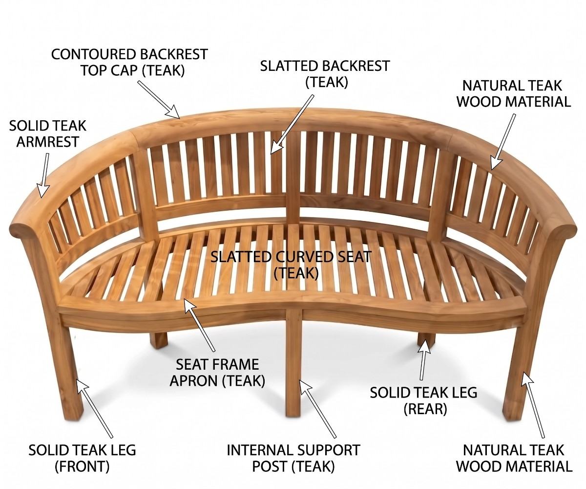 Curved wooden outdoor bench with slatted seat and backrest