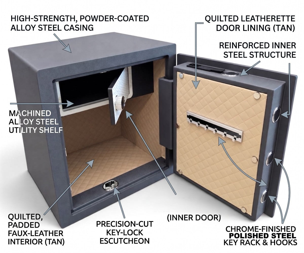 Luxury home safe with quilted tan faux leather interior and chrome key rack