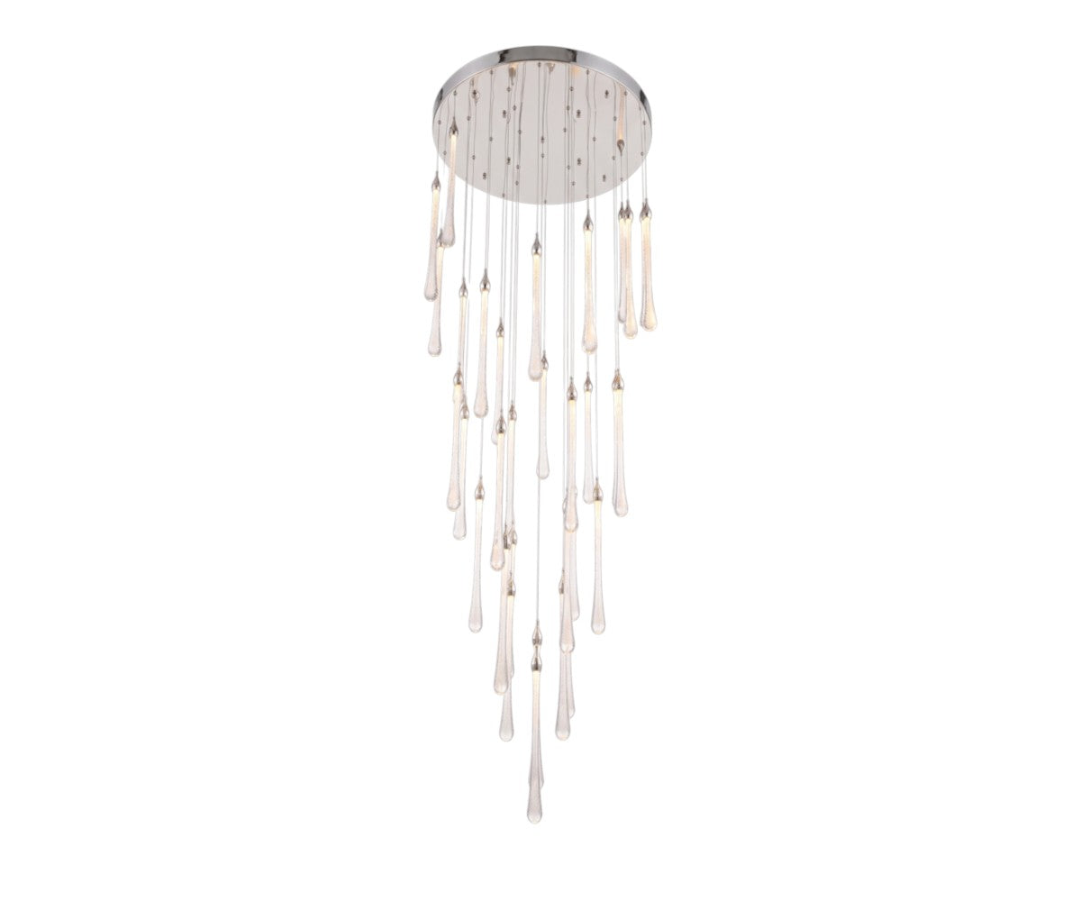 Raindrop cascade chandelier with clear glass teardrops and chrome ceiling plate