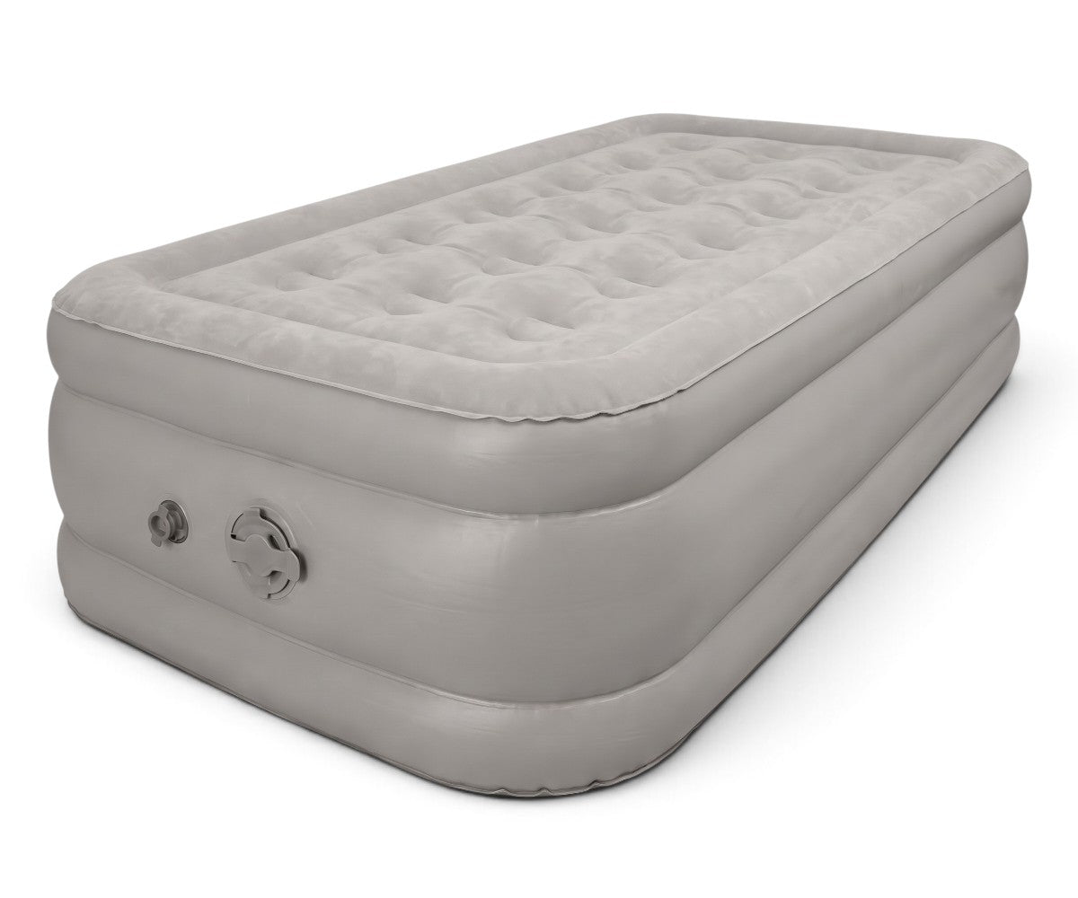 Raised grey air mattress with flocked top and built-in electric pump dial