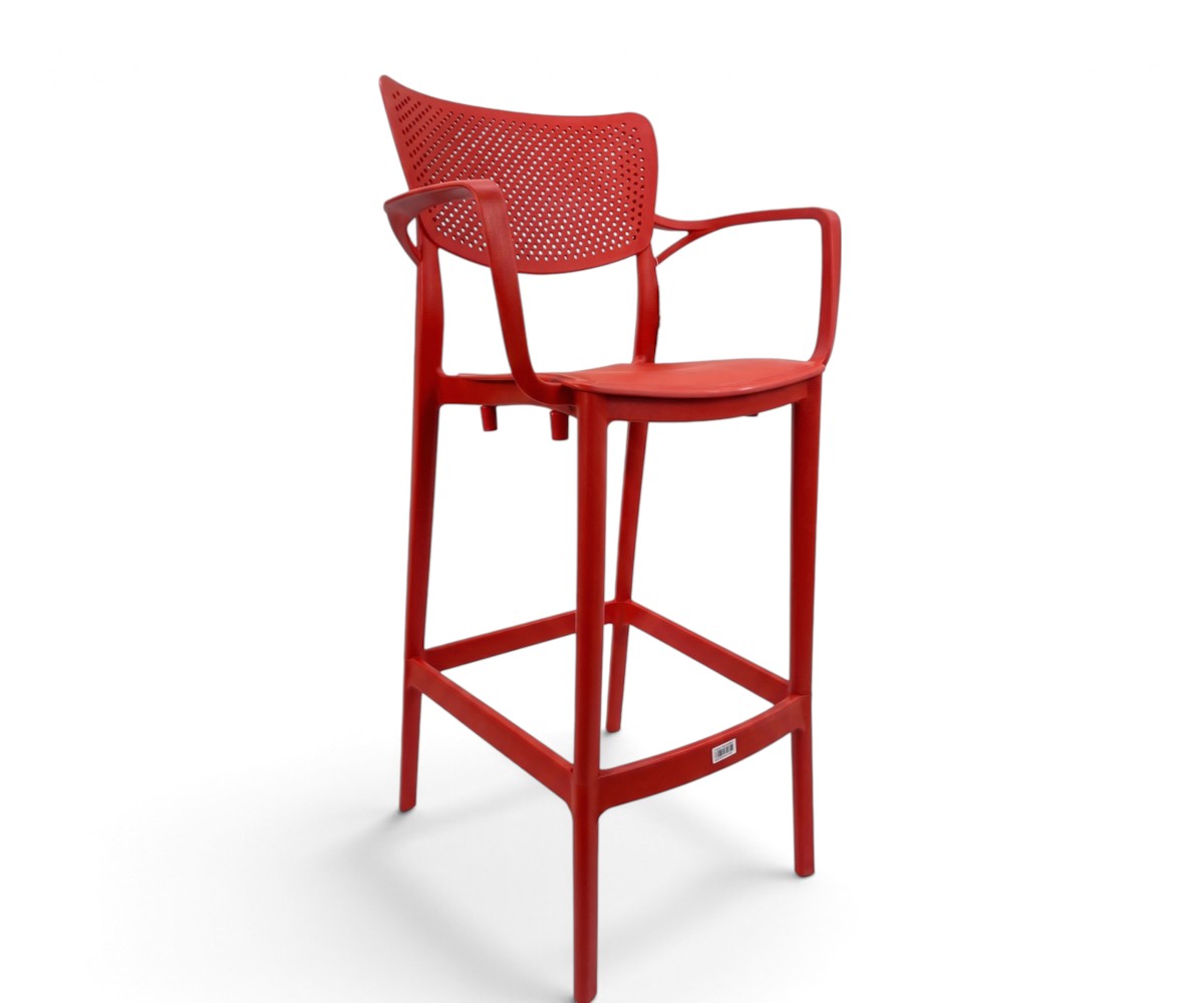 Red polypropylene bar stool with perforated backrest and integral armrests