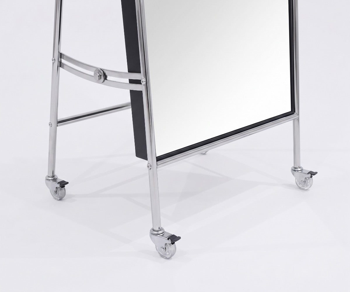 Full-length arch mirror with swivel casters and tilting pivot mechanism