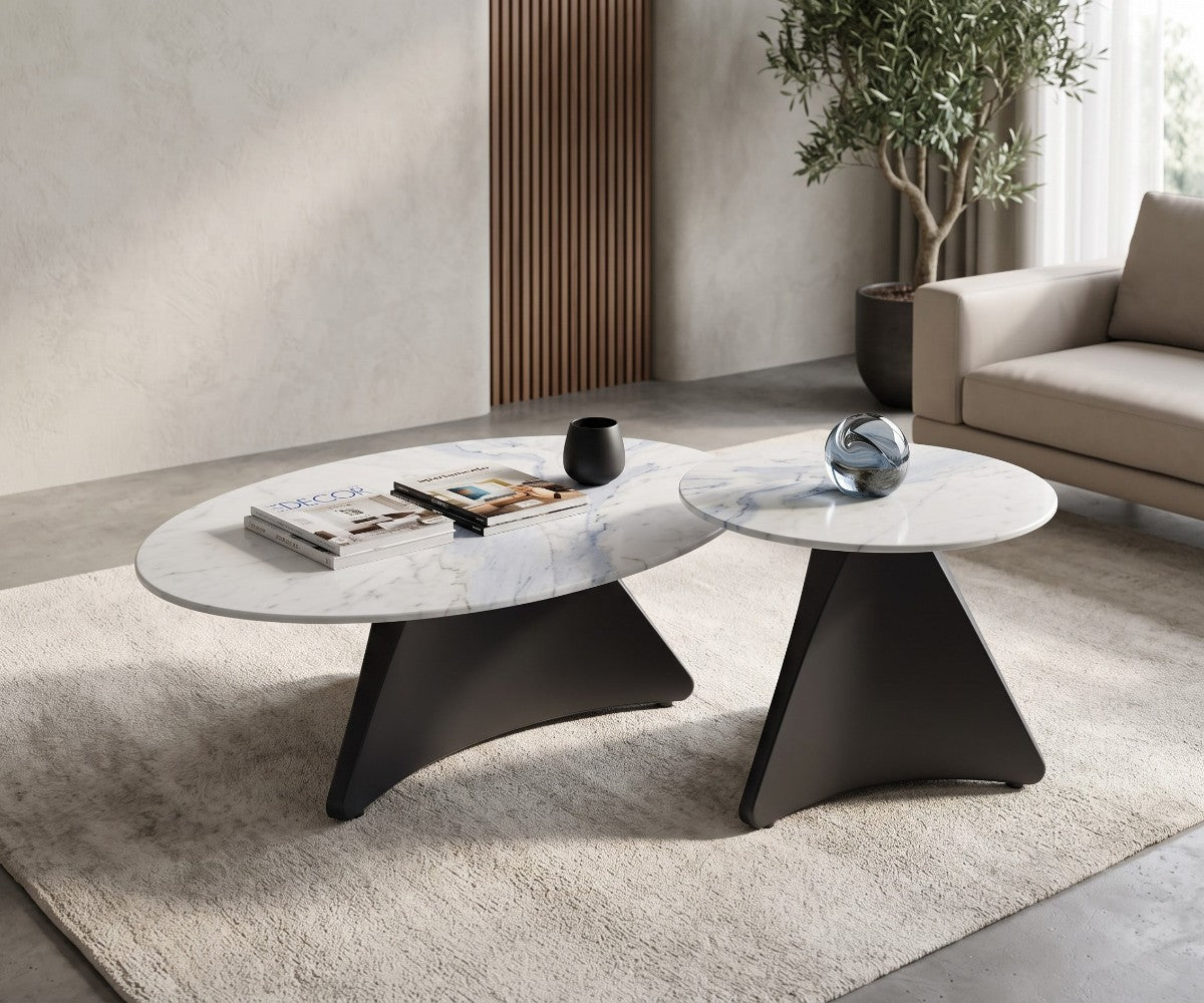 Round marble-effect nesting coffee table set with sculptural black bases