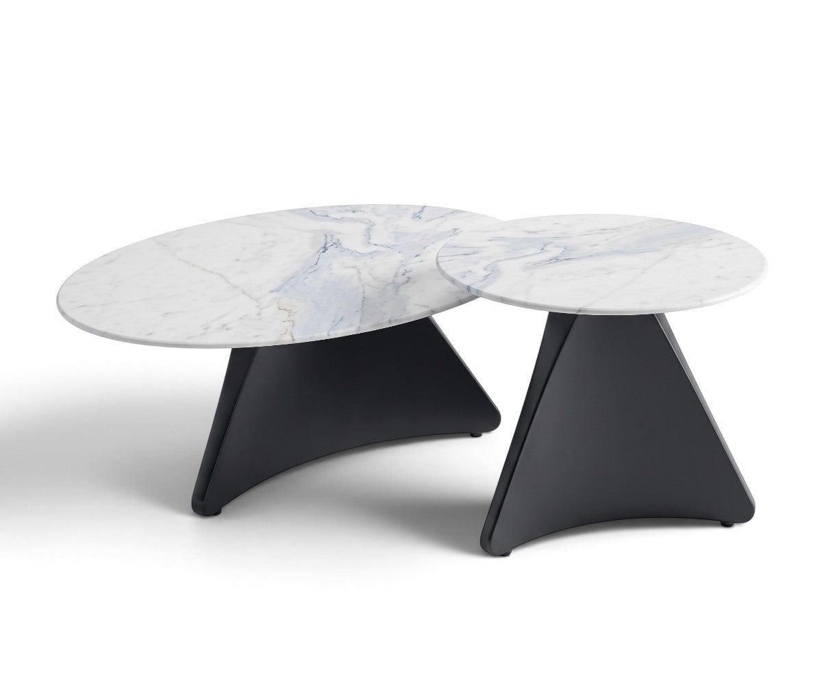 wo-piece tea table set with white marble-effect round tops and dark brown wood-grain bases.