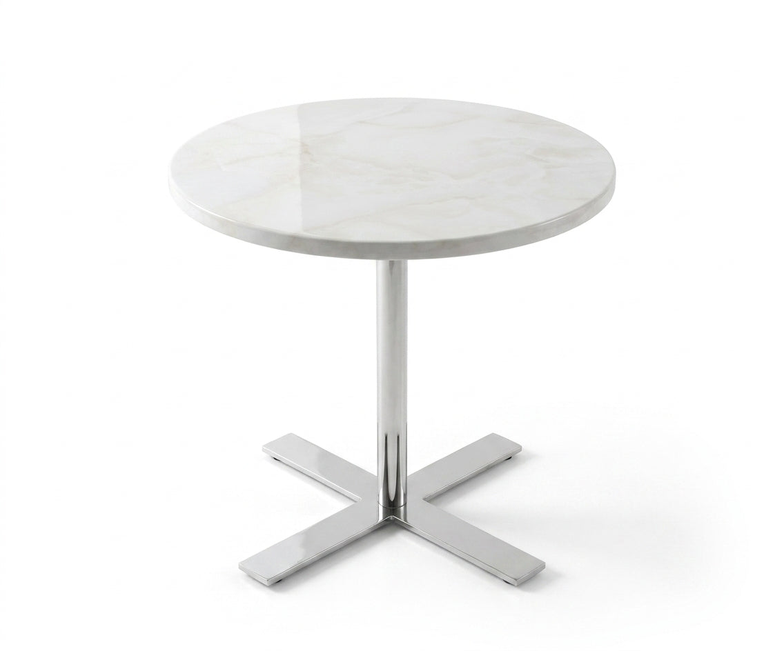 Round marble side table with polished chrome column and cross-shaped base