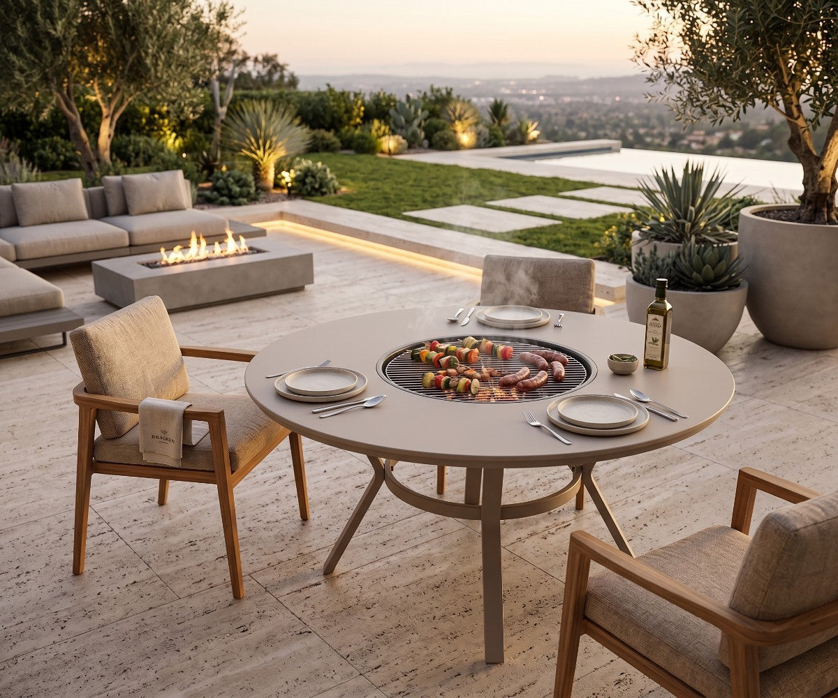 Round outdoor dining table with built-in central BBQ grill