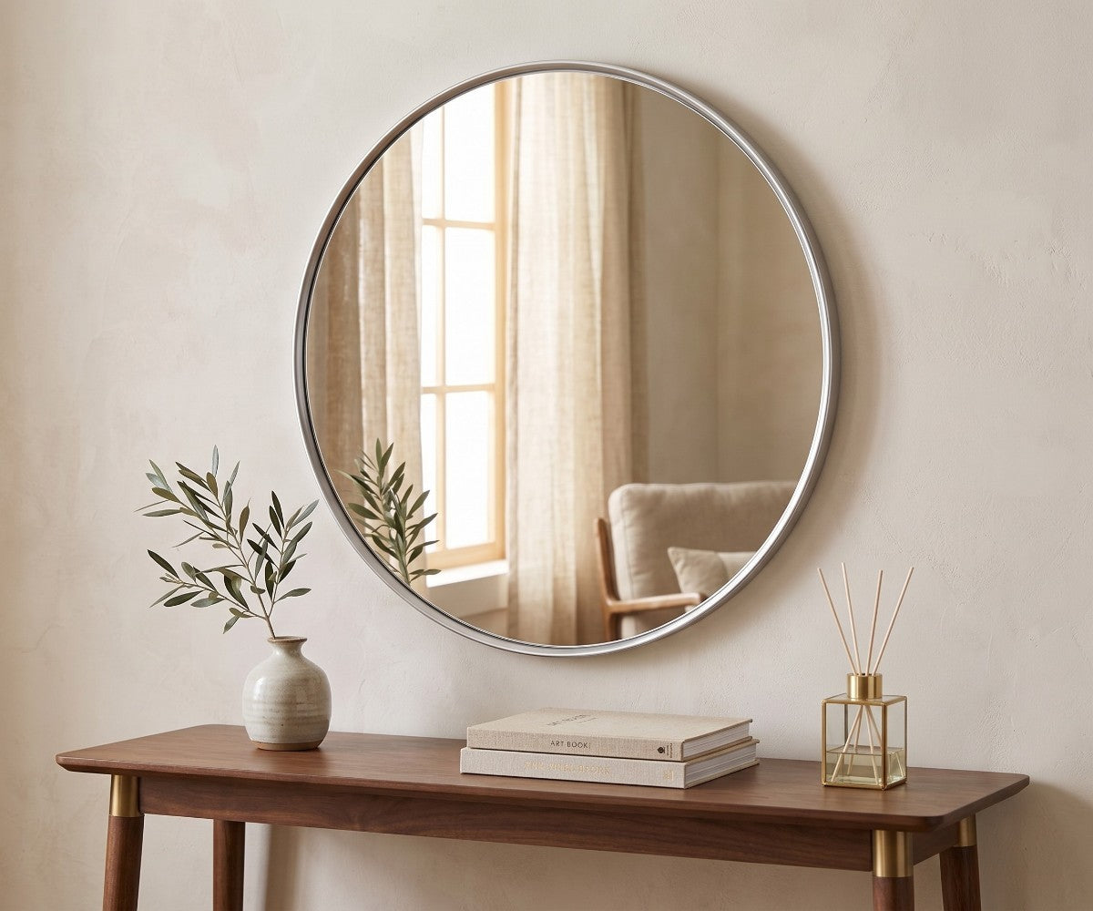 Round wall mirror with slim silver metal frame and clear glass