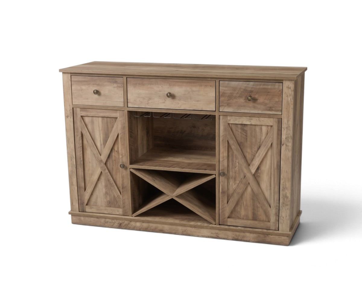 Rustic sideboard buffet with three drawers, wine rack and open cabinets