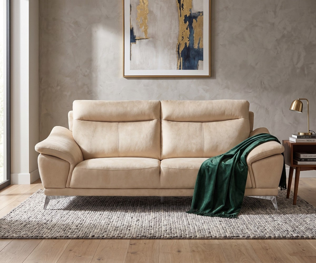 SFC002 beige microfiber 3-seater sofa with chrome legs and padded armrests
