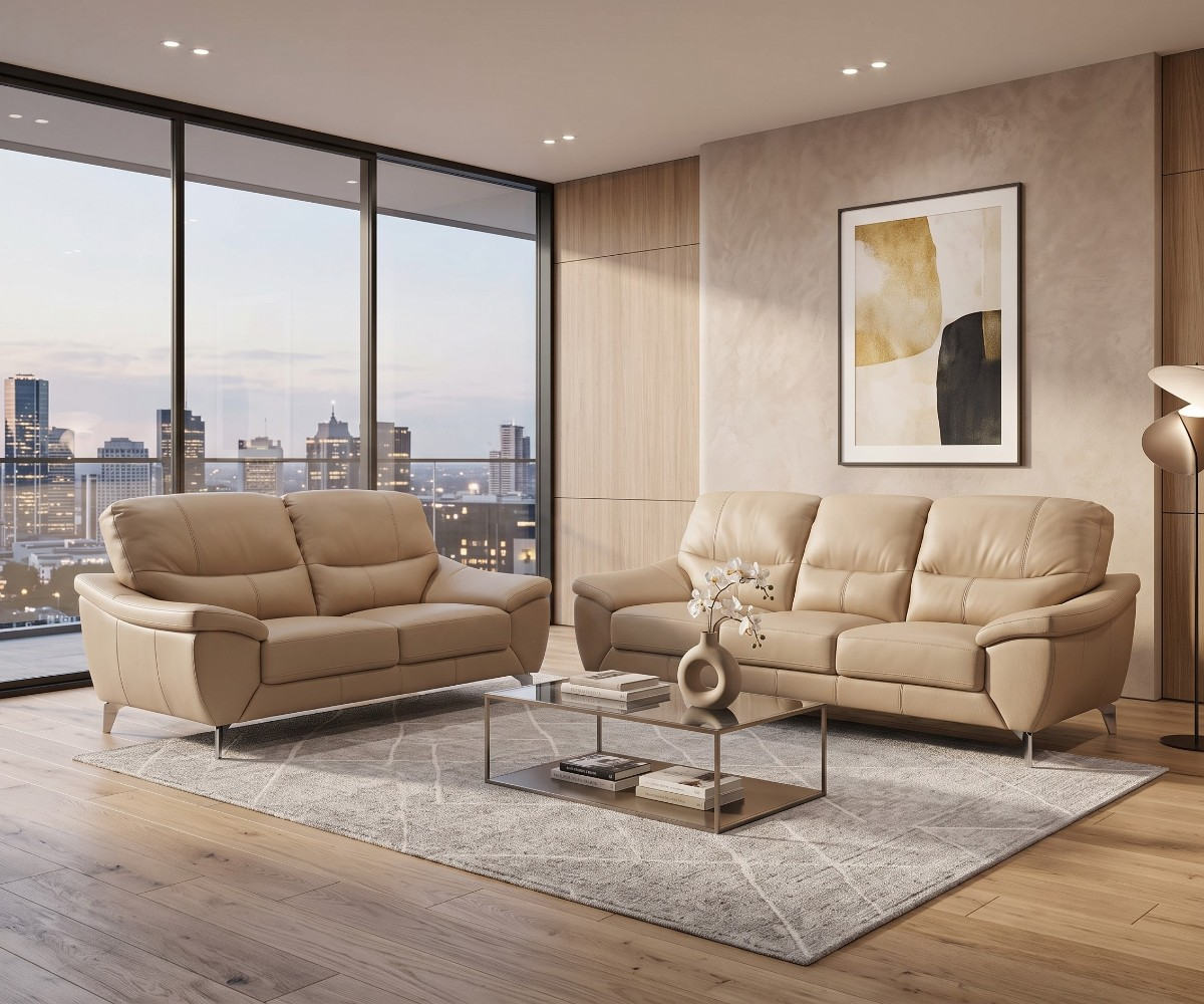 SFC002 beige microfiber sofa set with 3-seater and 2-seater and chrome legs