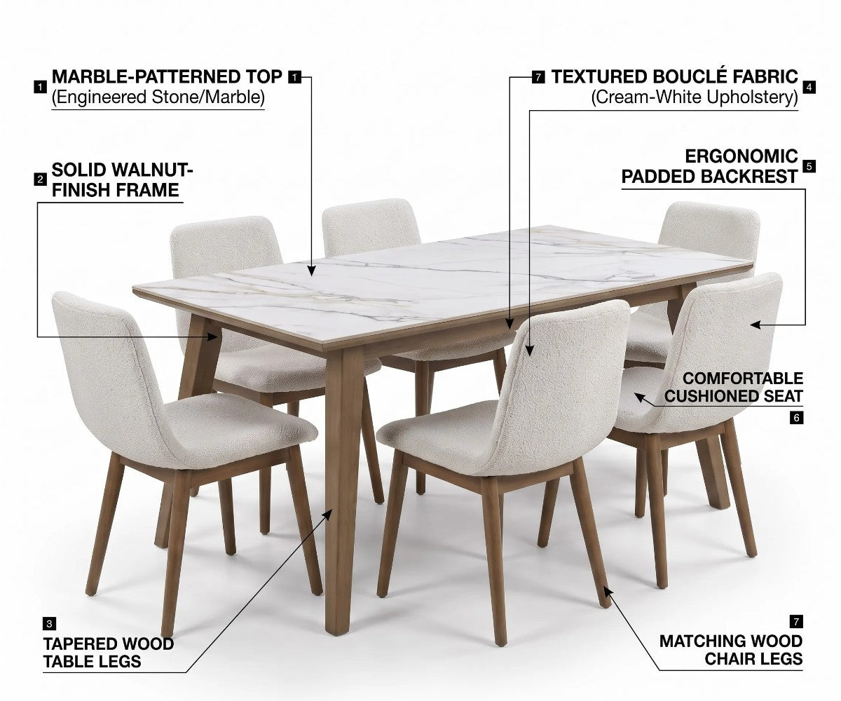 White marble-effect rectangular dining table with six cream upholstered chairs and wood-tone legs.