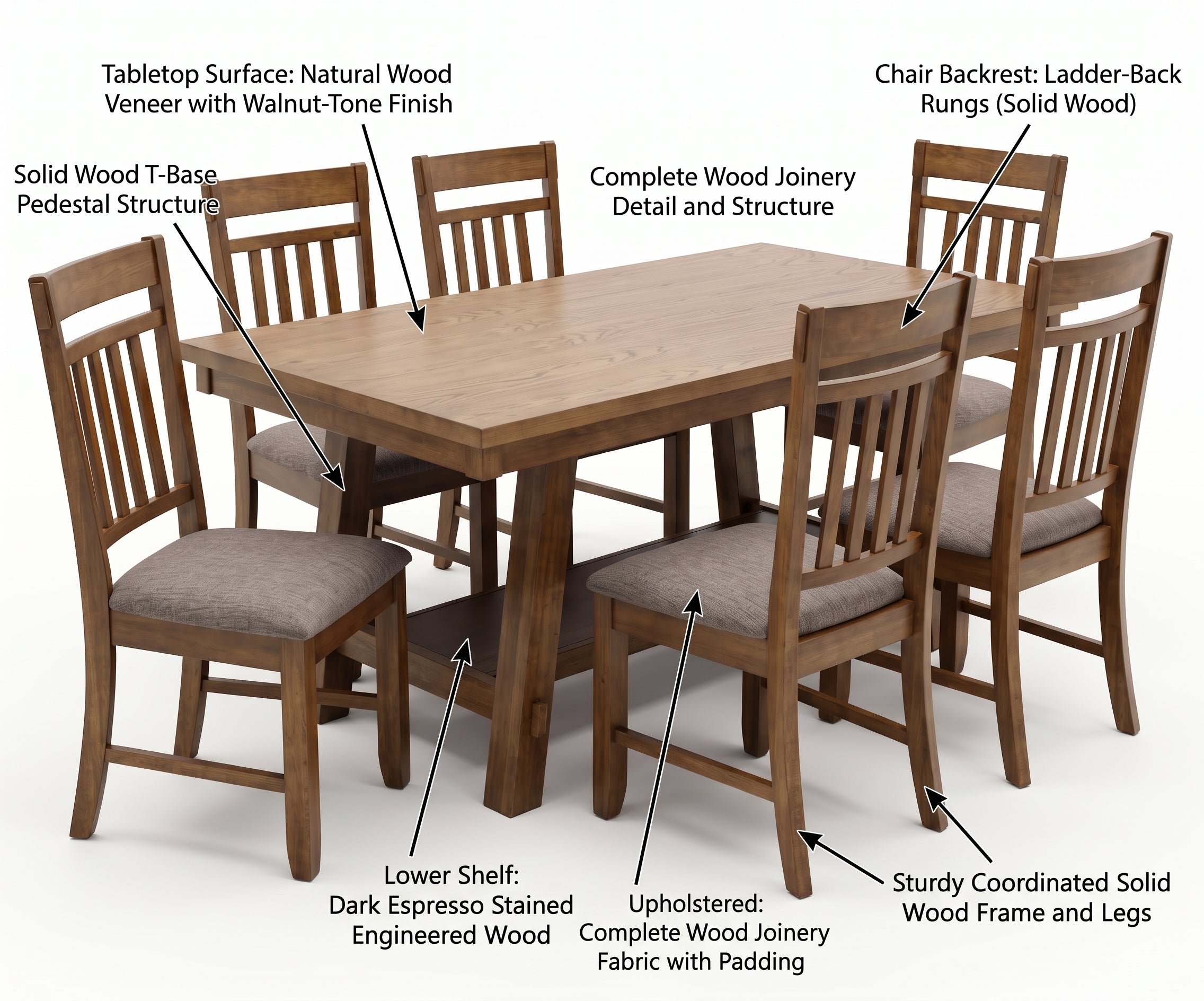 Brown rectangular dining table with six slatted back chairs and taupe upholstered seats.