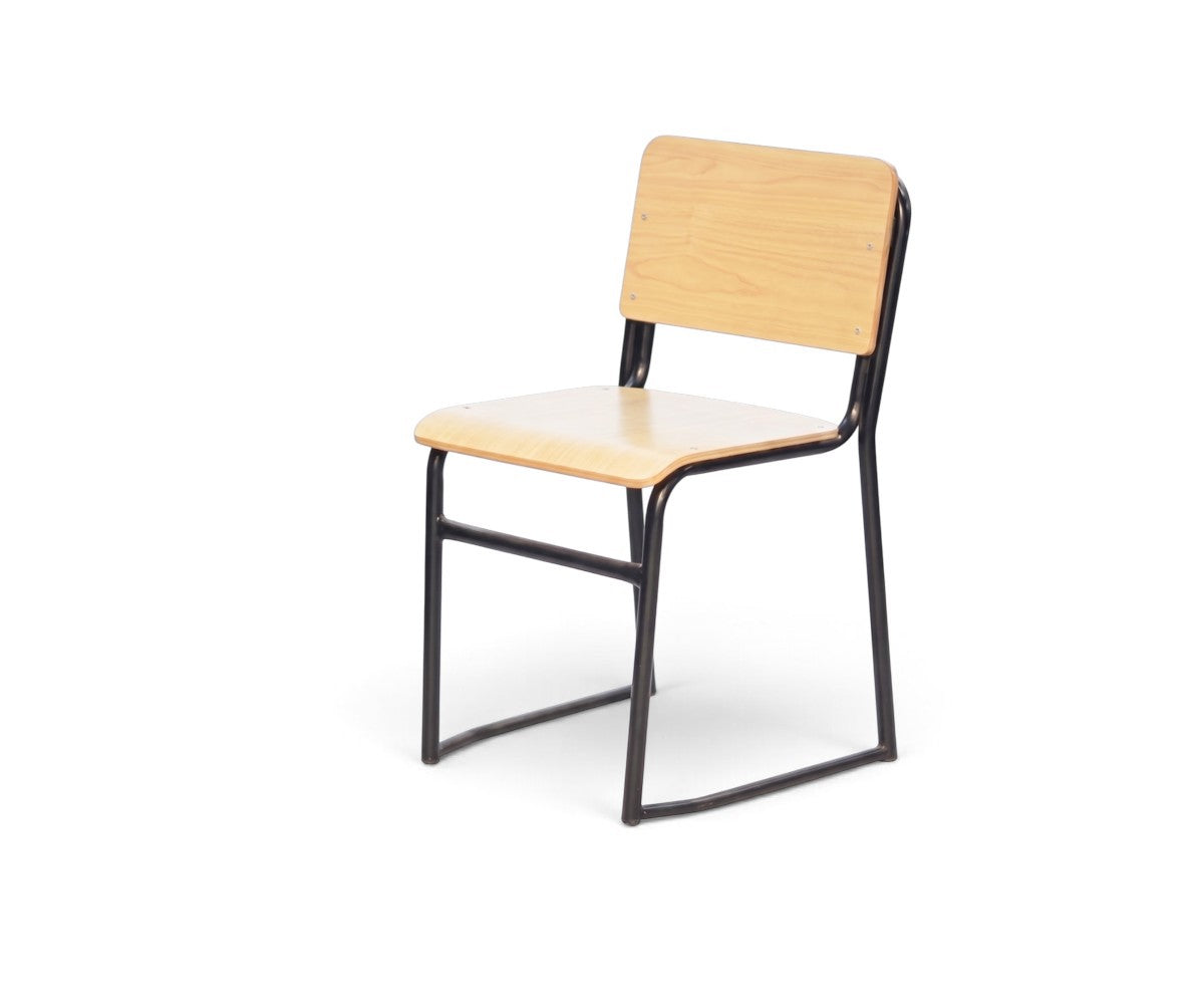 Single seater wooden study desk with fixed chair and black metal frame