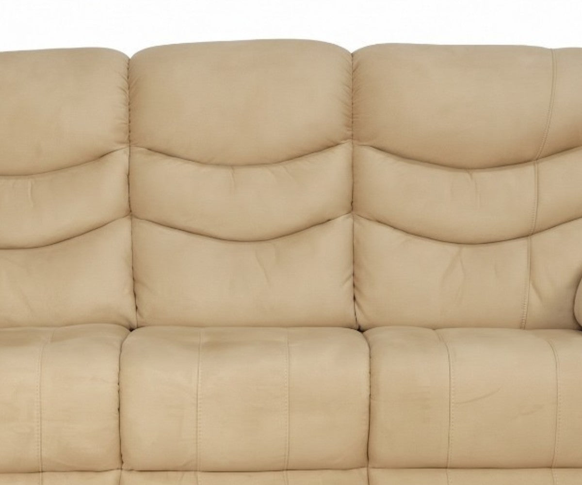 Soft beige fabric 3-seater sofa with high contoured back and headrest support