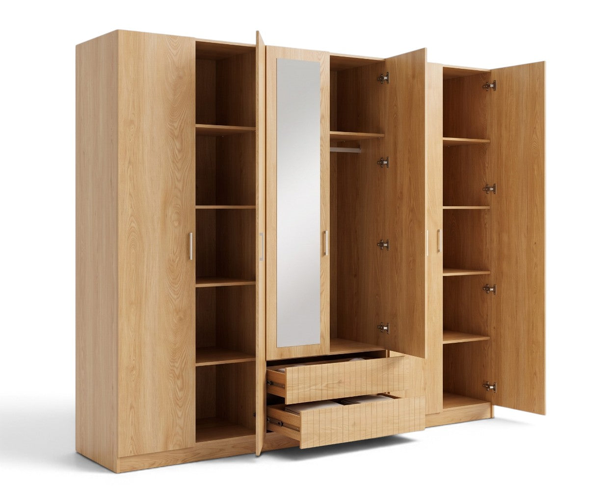 Solid oak bedroom set with mirrored wardrobe doors, dresser mirror and panel bed