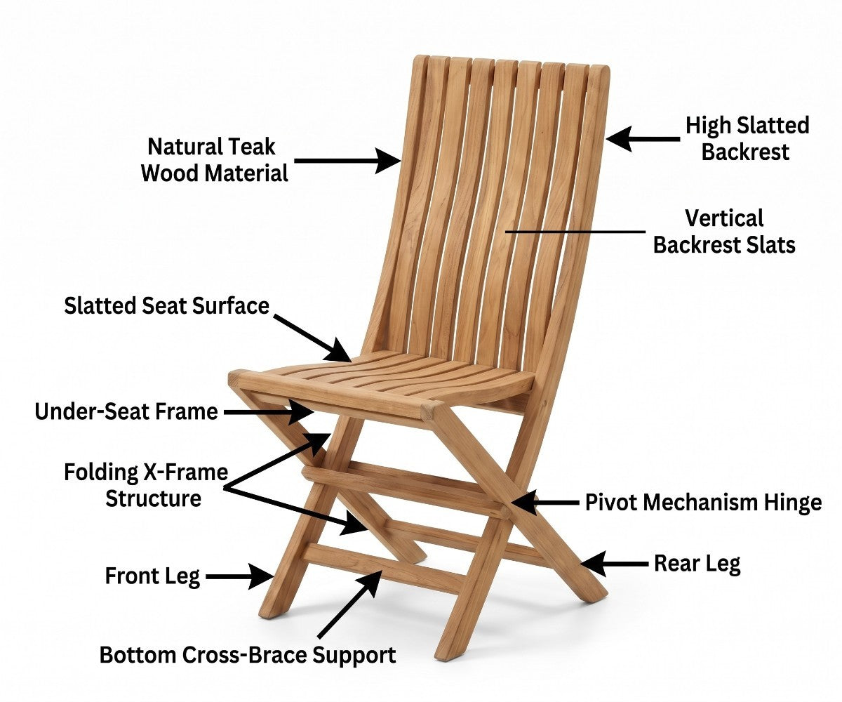 Teak folding garden chair with high slatted backrest and contoured seat
