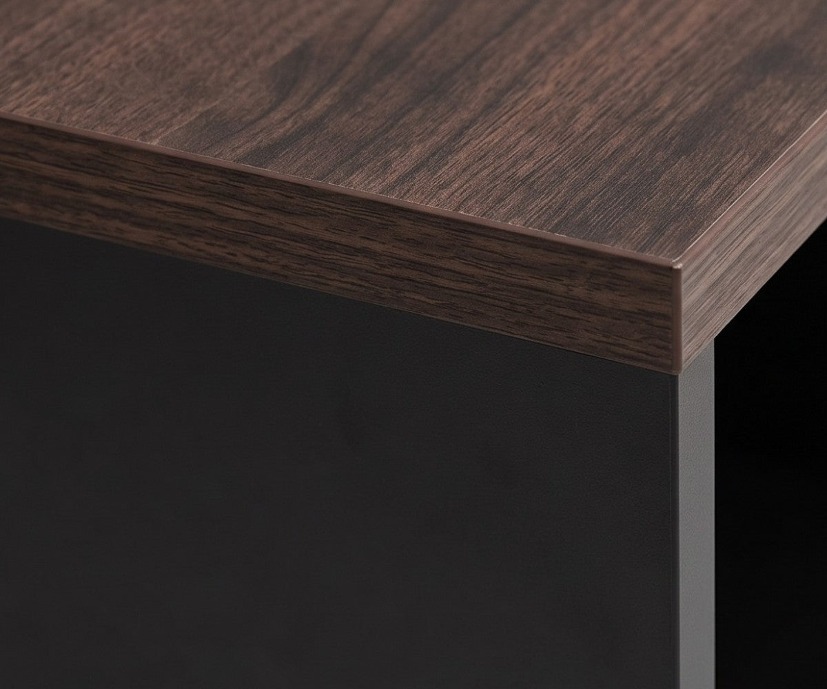 Square end table with walnut wood-grain top and matte black body