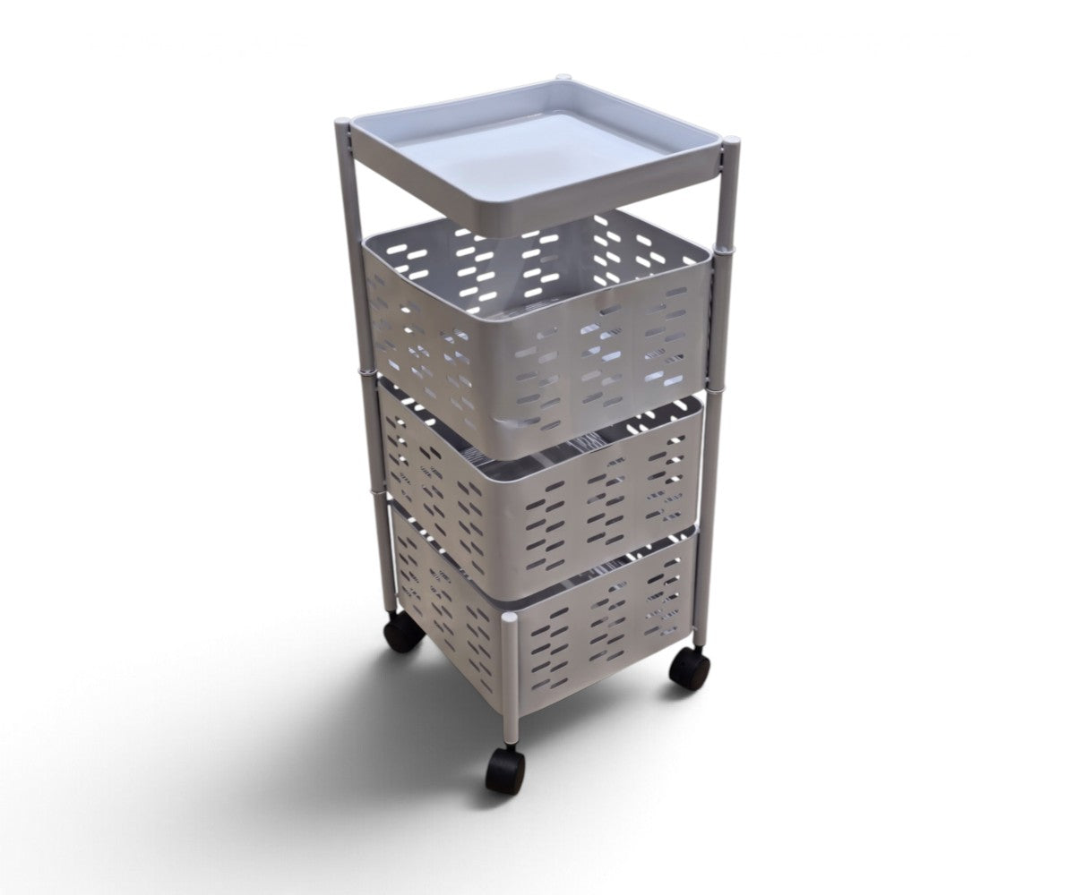 Square vegetable storage rack on wheels with ventilated slotted panels