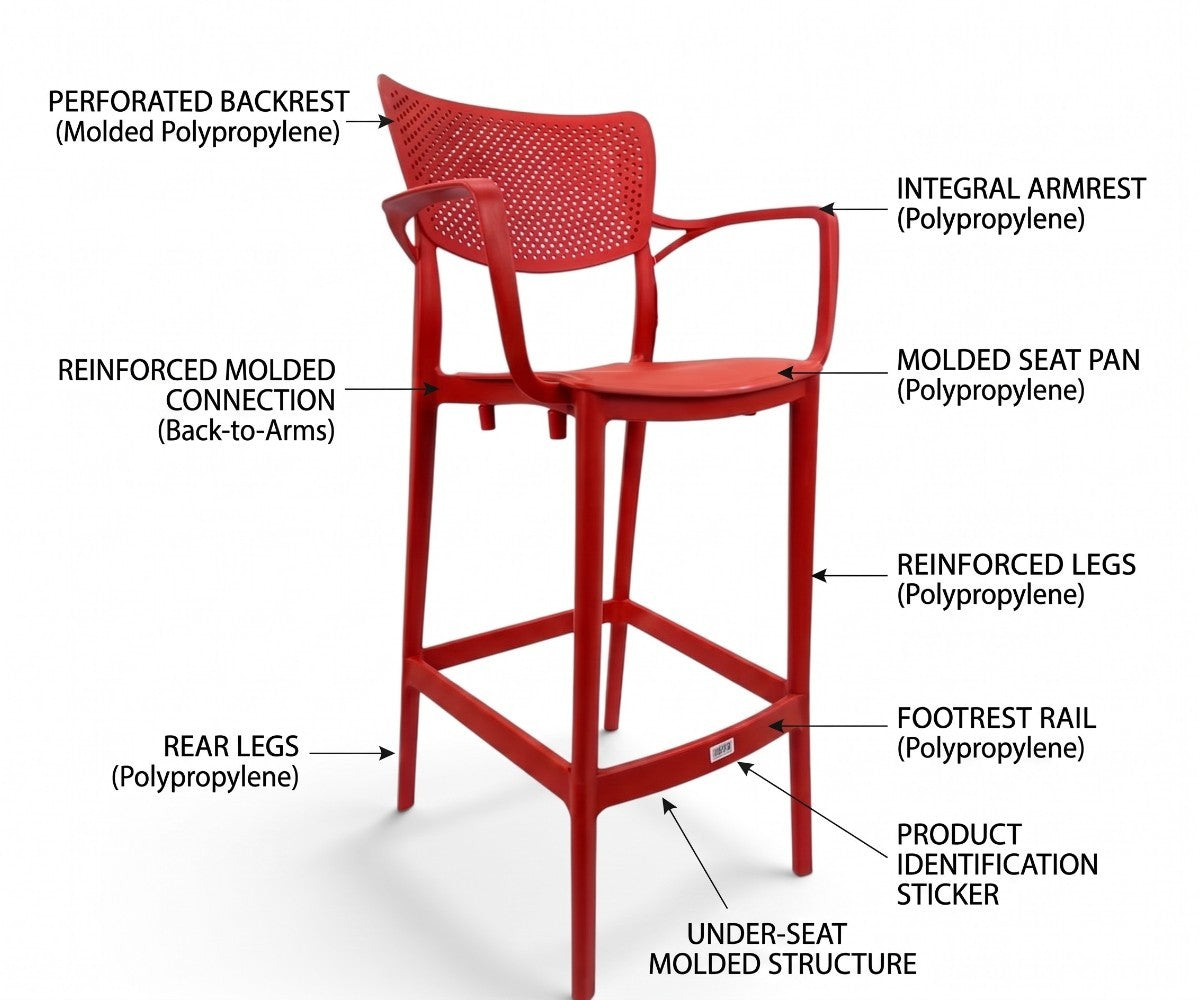 Red polypropylene bar stool with perforated backrest and integral armrests
