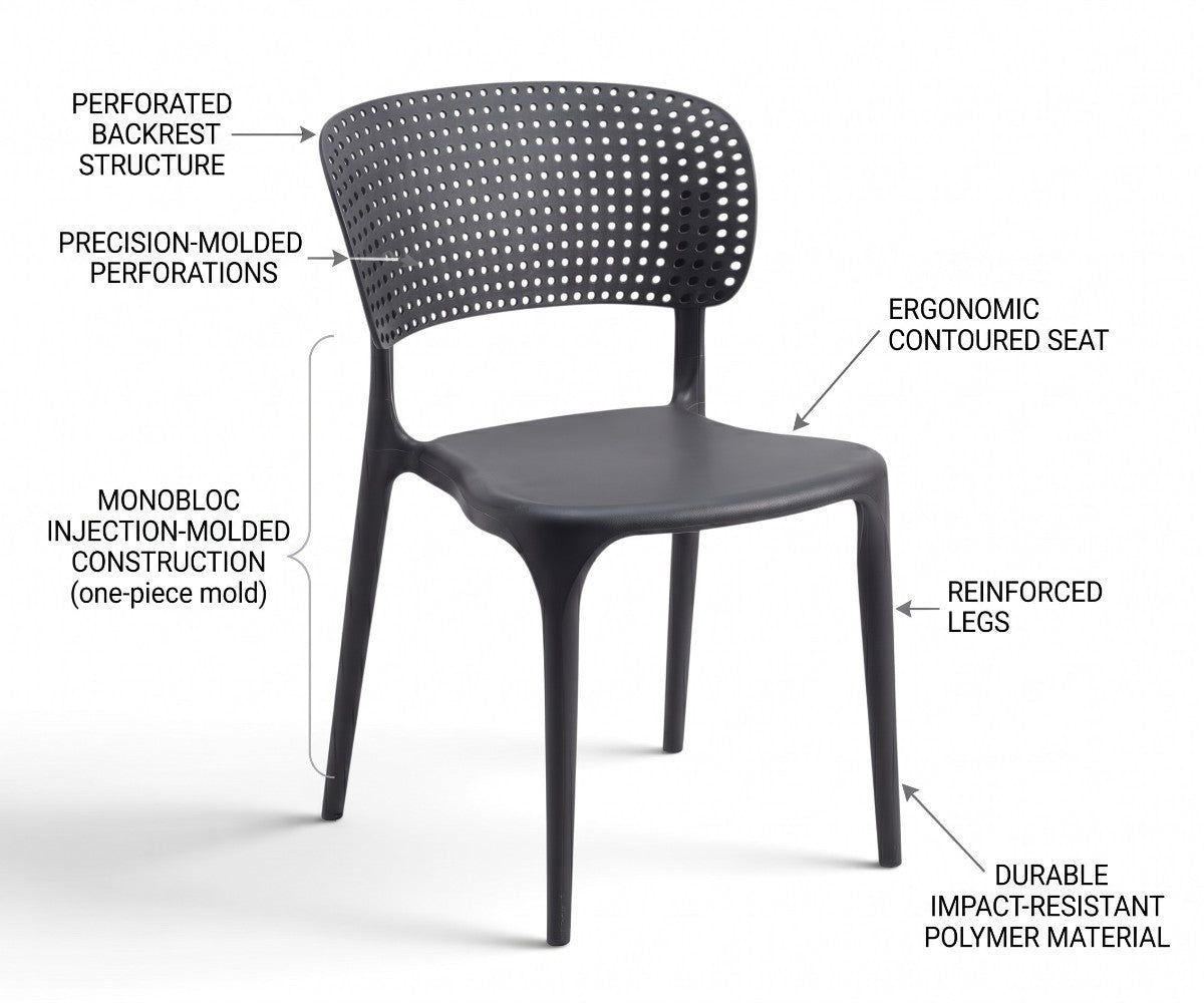 Perforated monobloc dining chair in dark grey with contoured seat