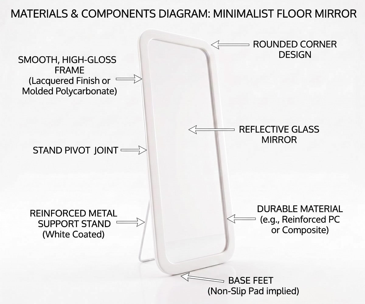 Standing dressing mirror with high-gloss white frame viewed at an angle