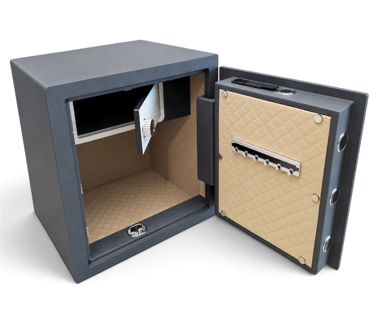 Open steel security safe showing inner locking door and utility shelf