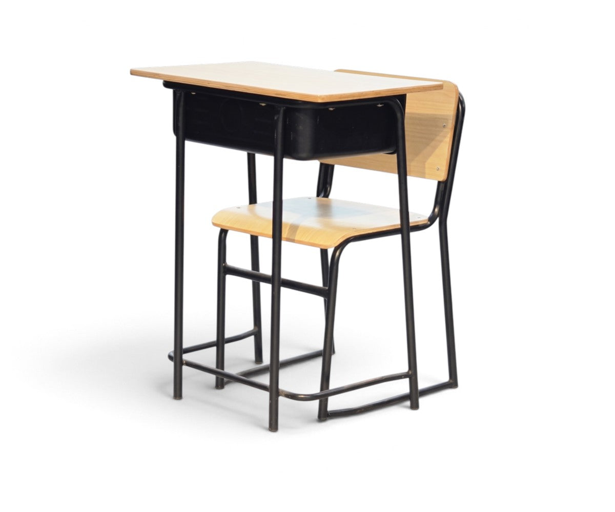 Student study desk with attached chair, beech wooden top and black steel frame, Qatar
