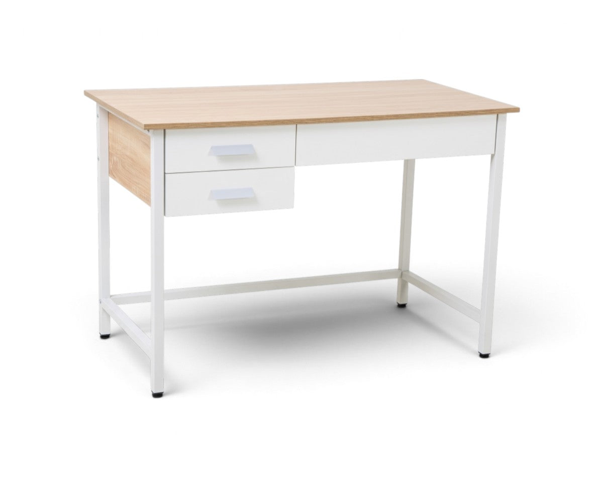 Study desk with wood-grain top, white steel frame and two storage drawers