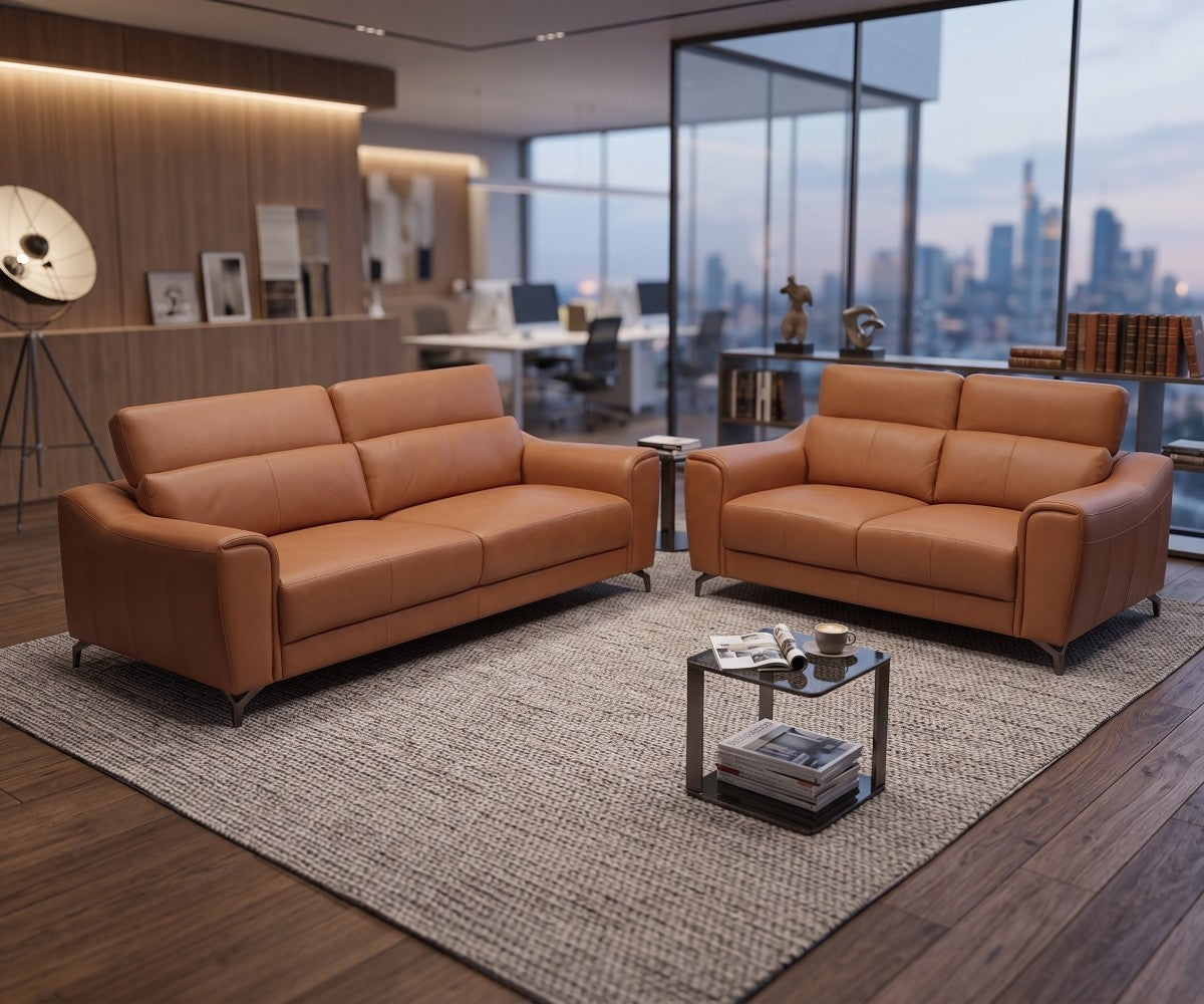 Tan leather sofa set with 3-seater and 2-seater and adjustable headrests