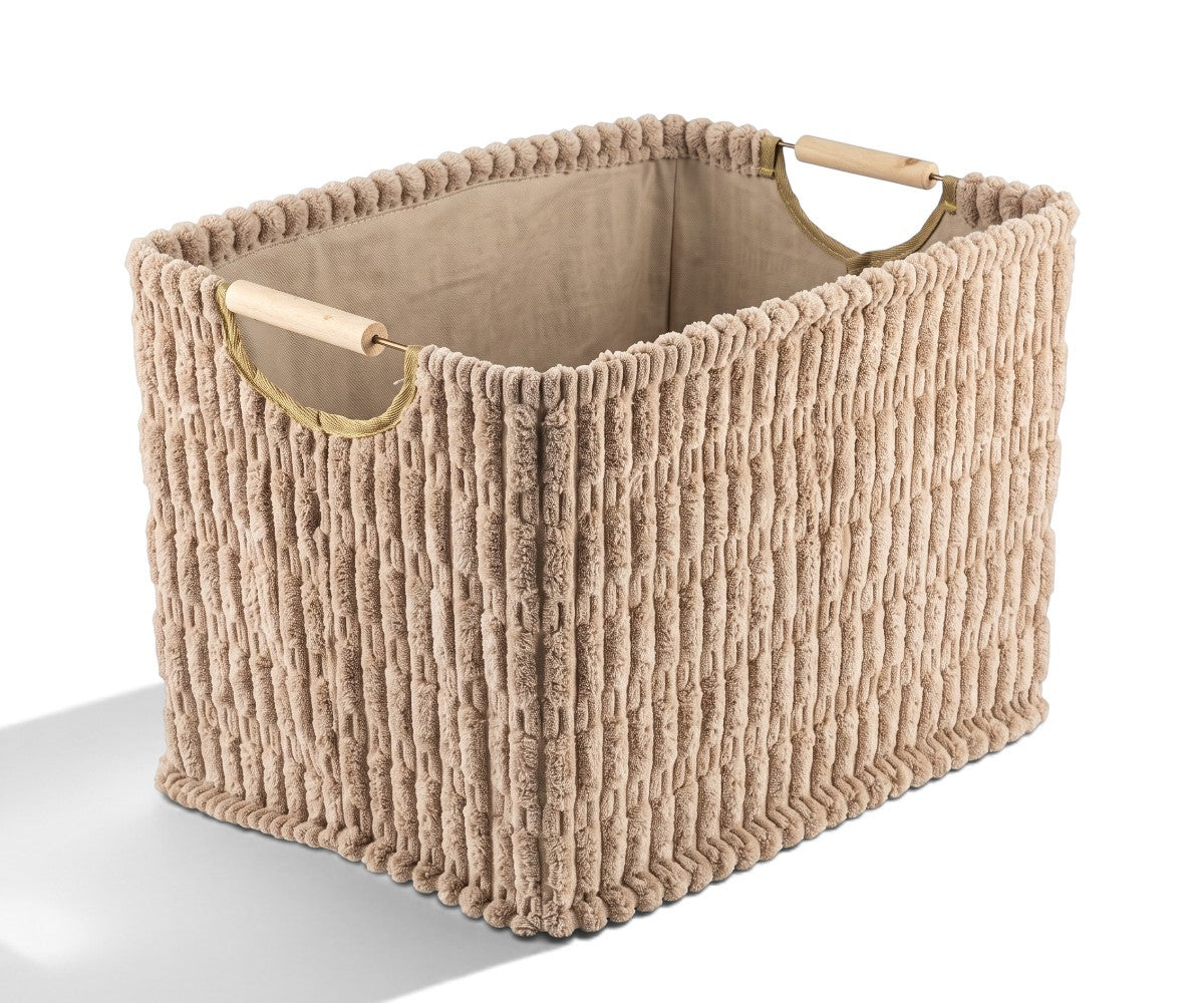 Taupe rectangular laundry basket with plush ribbed corduroy fabric and two wooden carrying handles.