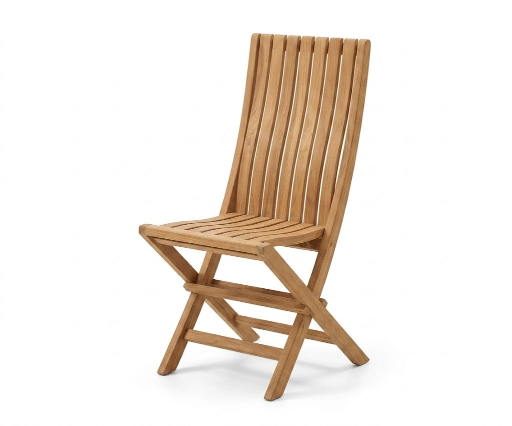 Teak folding garden chair with high slatted backrest and contoured seat