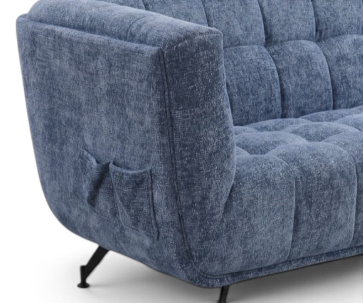 Textured blue fabric loveseat with curved wraparound back and low arms
