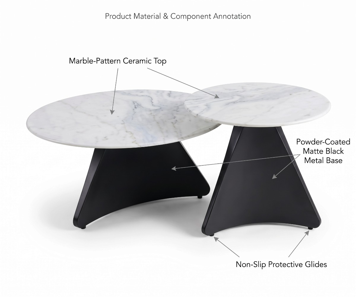 wo-piece tea table set with white marble-effect round tops and dark brown wood-grain bases.