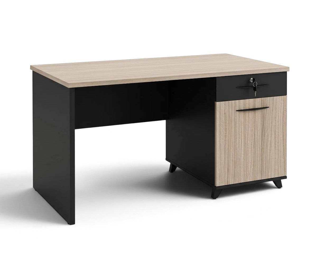 Two-tone office desk with a light wood-grain top and dark grey panel supports.
