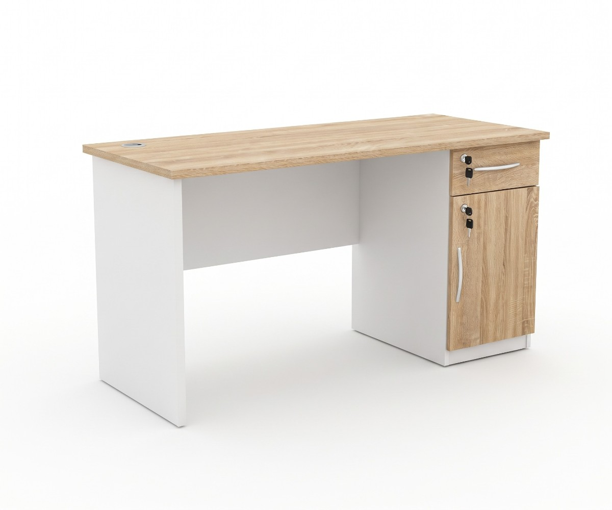 Modern wood and white office desk with lockable drawer, cabinet and cable management