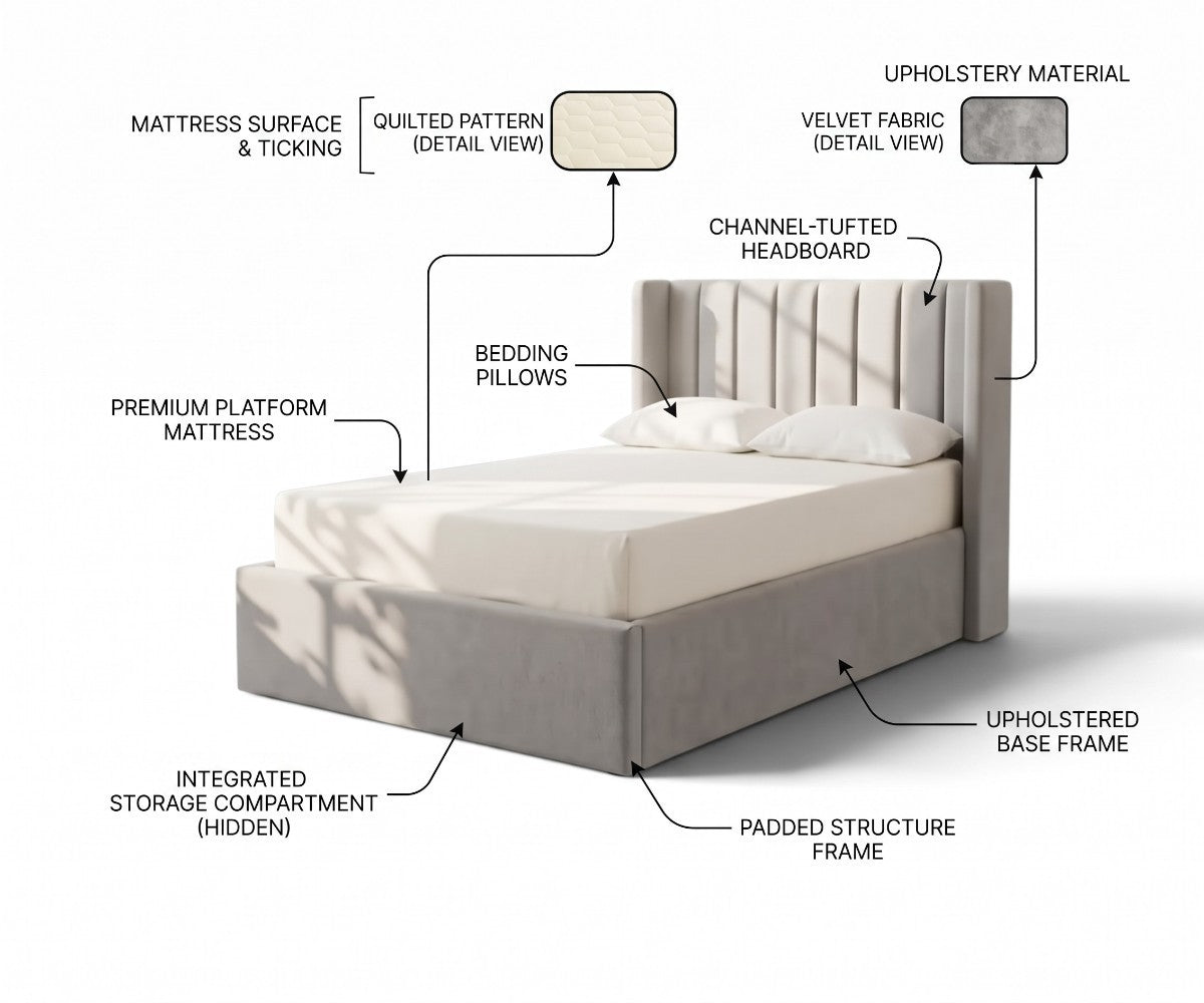 Velvet upholstered storage bed with channel-tufted headboard and padded base