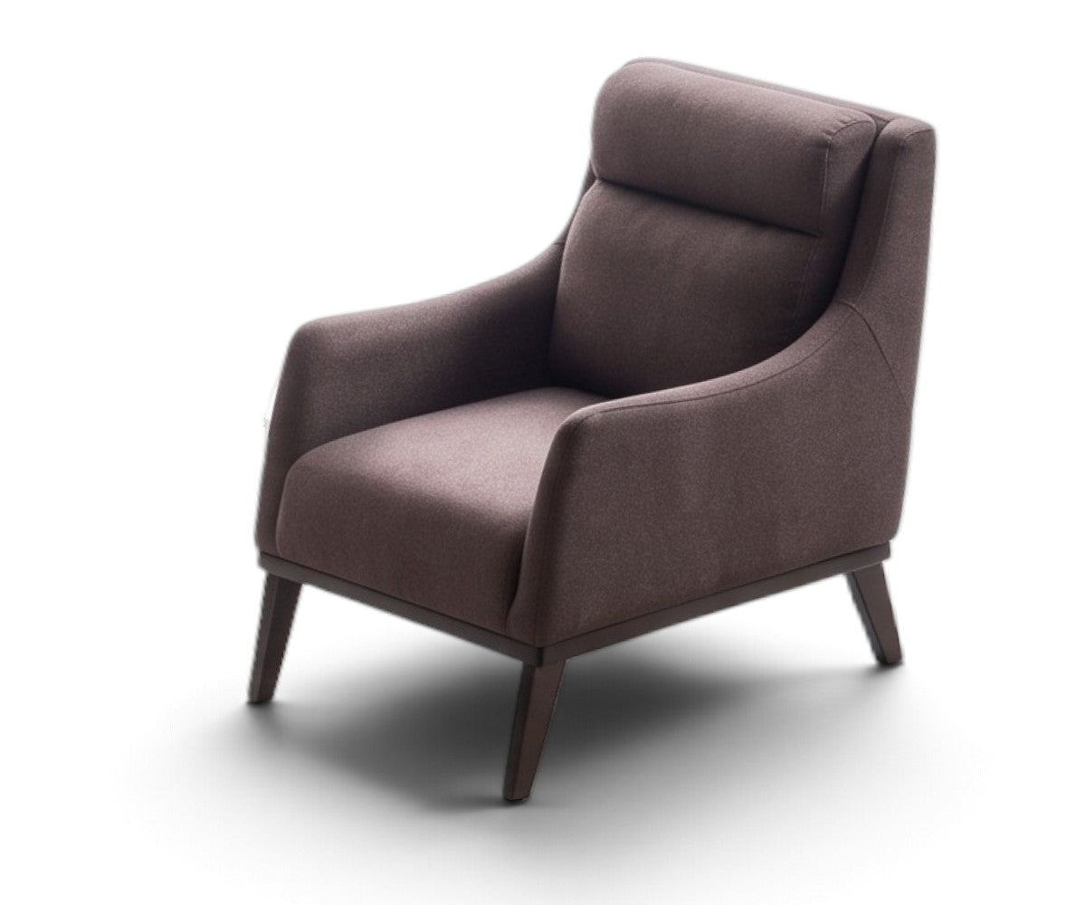 High-back fabric armchair in dark plum-brown with tapered wood legs