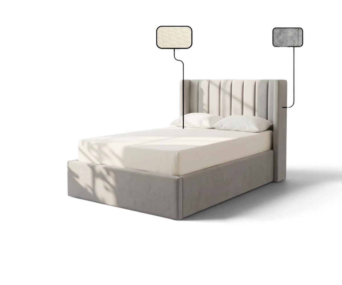 Velvet upholstered storage bed with channel-tufted headboard and padded base