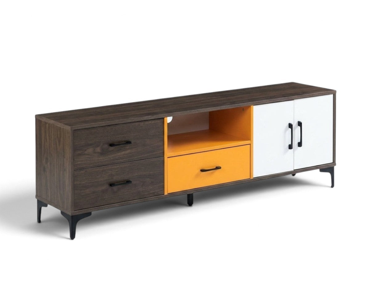 Walnut and orange TV unit with three drawers, two cabinets and open media shelf